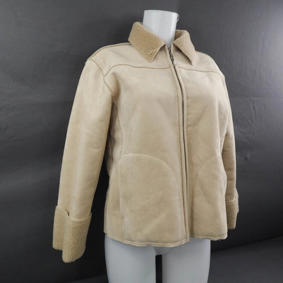 IZOD Womens Jacket Small Tan Faux Suede Sherpa Lined Zip Minimalist Timeless - Image 2 of 4