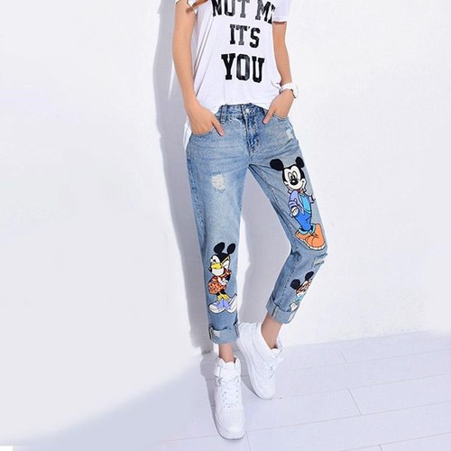 Denim Pantaloni stampa Mickey Mouse Casual alla caviglia-lunghezza  Boyfriend Jeans Donne Moda | eBay