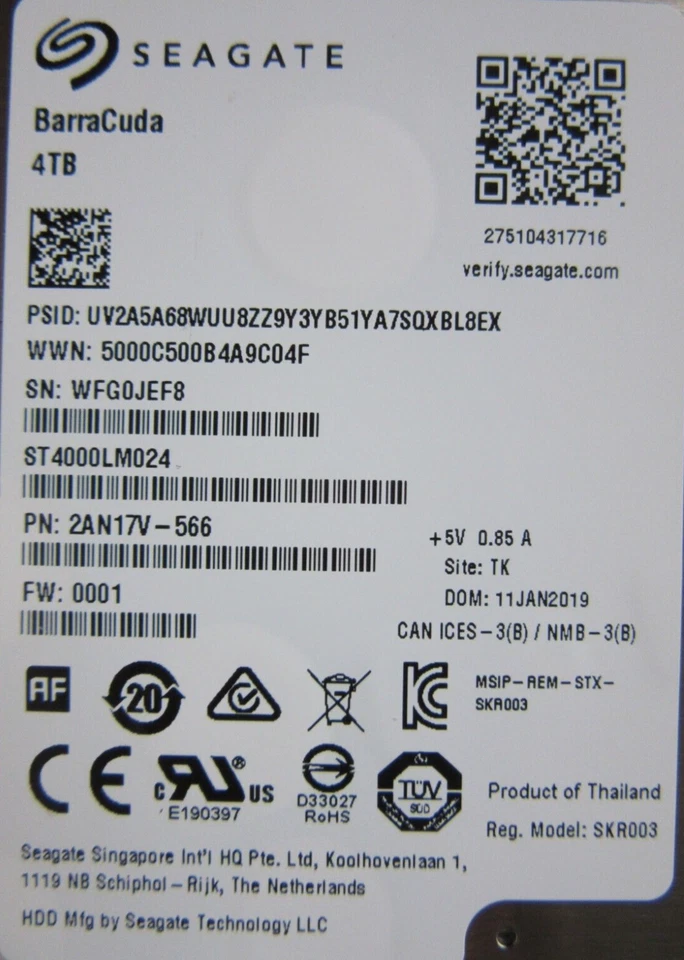 Seagate 4TB 14mm ST4000LM024 2AN17V-566 0001 2.5" HDD Jan 2019 Thailand TK WFG - Image 2 of 4