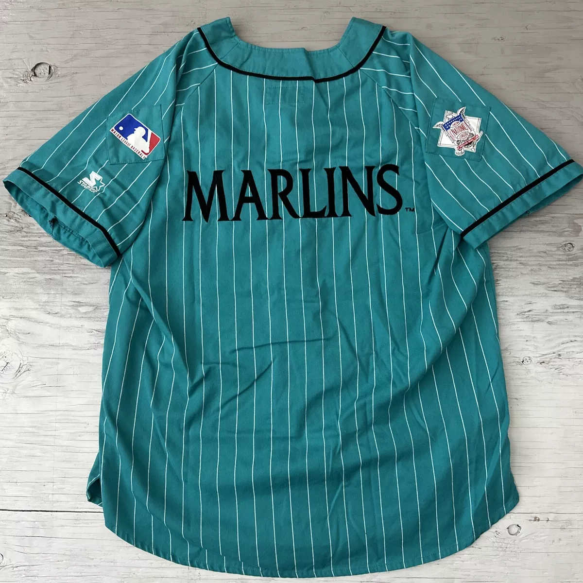 Vintage 90s MLB Florida Marlins Starter Pinstripe Teal Full Button Jersey  Sz XL