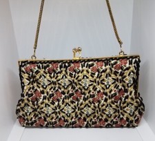 Vintage Hong Kong Black Beaded Pink Floral Evening Kiss Lock Gold Strap Purse