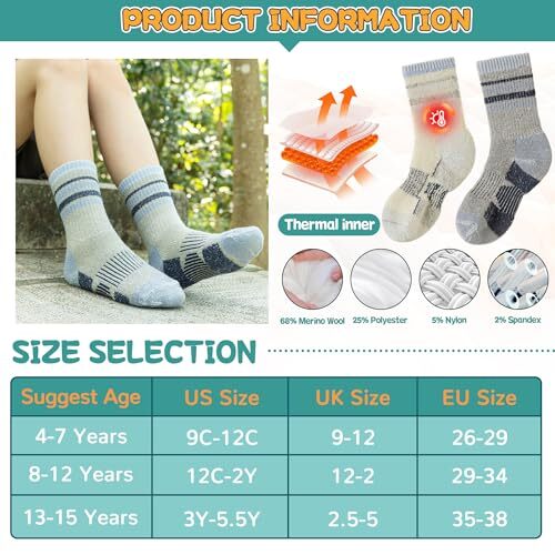 Kids Merino Wool Hiking Socks Boys Girls 8-12 Years 4 Pairs Grey Stripe a - Picture 6 of 6