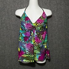 Mossimo Tankini Top Womens XL Black Multi Floral Palm Tropical Halter Swimsuit