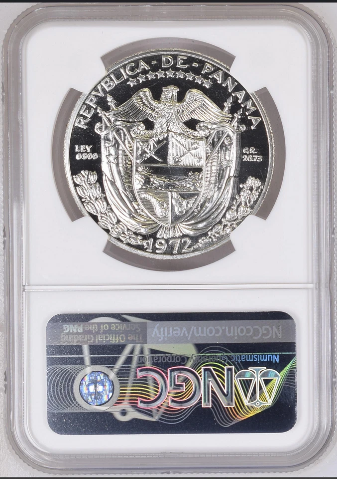 :1972 1-BALBOA PLATA PANAMÁ CASI PERFECTA PRUEBA NGC PF69CAM RARO R7 TOP POP 15/0 Foto 2 de 2