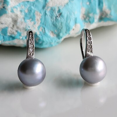 Natural Silver Gray Pearl 8.5mm Hook Drop Earring in 925 Solid Sterling Silver