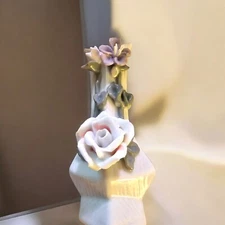 Porcelain Flower Bud Vase W 3D Floral Design & Textured Geometric (PI)