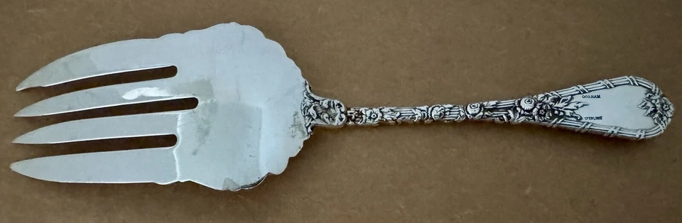 ART NOUVEAU DURGIN GORHAM DELFÍN ESTERLINA TENEDOR GRANDE PARA SERVIR SIN MONOGRAMA Foto 4 de 4