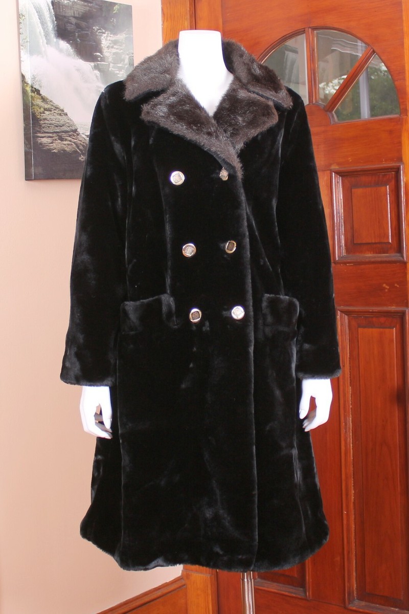 Vintage Black Double Breasted Sheared Beaver & Mink Faux Fur Coat Made in USA M