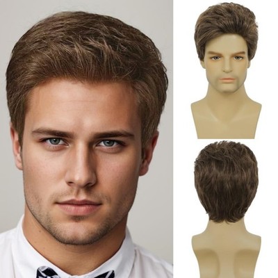 Swiking Mens Short Brown Wig Layered Synthetic Reality Hair 80s Costume Wigs ...