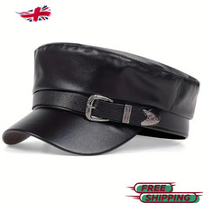 Leather Military Captain Hat Belt Buckle Sailor Beret Flat Top Retro Cap