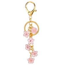 Initial Letter Flower Keychain, Alphabet M Enamel Charm Flower Keyring, Pink