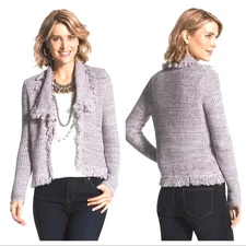 Chicos Sweater Medium 1 Purple Metallic Fringe Cardigan Cropped Knit Jacket