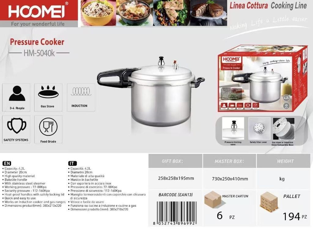 Pentola a Pressione HOOMEI 4,2L Acciaio Inox Induzione HM-5040K