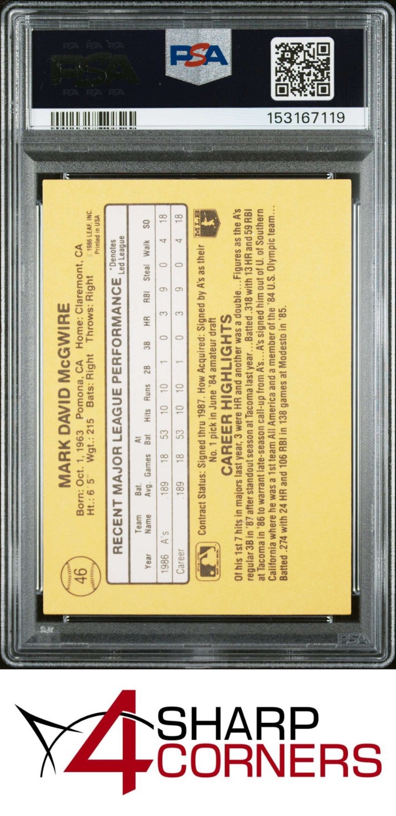 1987 DONRUSS #46 MARK McGWIRE RATED ROOKIE ATHLETICS PSA 9 view 2