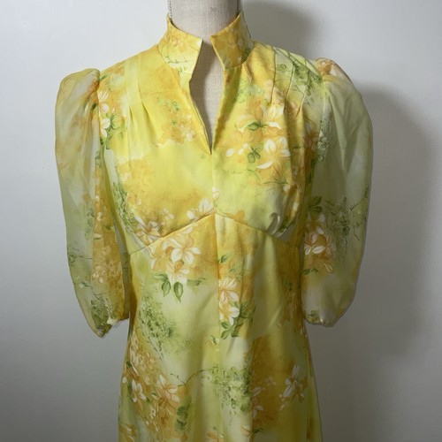 Vintage 70s Maxi Dress Yellow Floral Handmade Cottagcore Prairie Sheer Sleeves - Picture 3 of 16