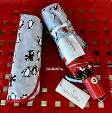 Vera Bradley Automatic Umbrella PLAYFUL PENGUINS GRAY RED Holiday Gift RARE NWT