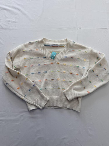 Aster Sweater Womens Small White Rainbow Geometric V Neck Knit Pullover Top