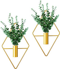 2 Pieces Gold Wall Decor Hanging Planters with Artificial Plants Metal Vase Indo