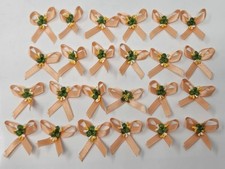 24 Vintage Mini Peach Satin Ribbon Bows Sewing Trims Embroidered Flower Applique