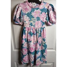 VTG Ruth of Carolina Dress 80's 90's Floral Ribbon Girls Dress 6x Green Pink
