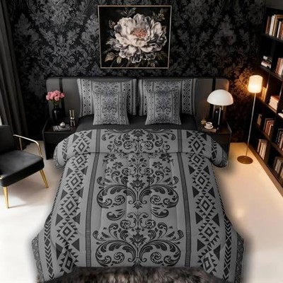 Comforter Set Size Aztec Damask 7 Pcs Bedding for Kids and King Grey Black