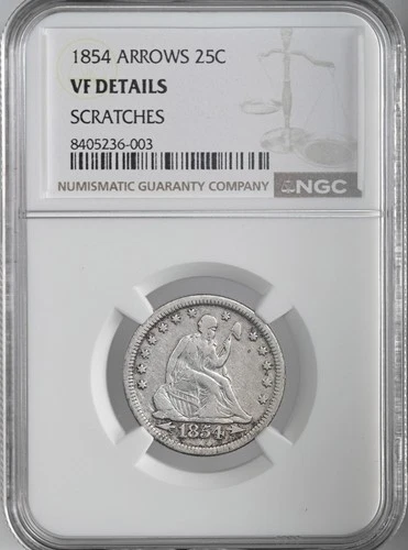 1854-P 25C SEATED LIBERTY QUARTER ARROWS NGC VF DETAILS "SCRATCHES" #8405236-003