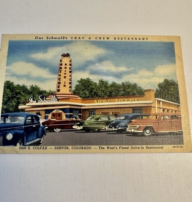 Gus Schwalb Chat and Chew Denver Colorado Drive In Linen Postcard Posted 1953