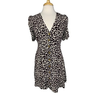 SOMETHING NAVY Leopard Button Up Viscose Mini Dress Puff Sleeve Size Medium