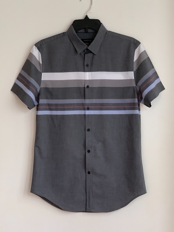 STRUCTURE Casual Shirt Button Down Short Sleeve Striped Gray White Blue Collar M