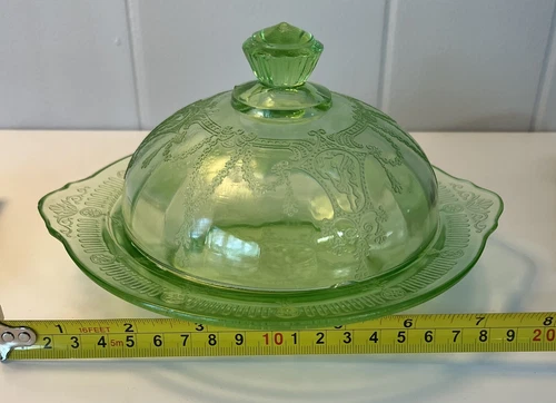 Green Cameo Depression Glass Butter Dish, excellent condition