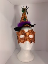 Halloween Costume Mini Witch Hat On Headband With Mask Black Orange Spiders