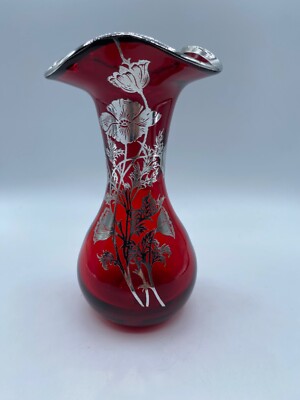Vintage Hand Blown Ruby Glass Vase with Floral Silver Overlay 6 5/8'' Ruffle Edge