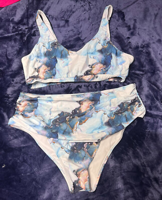 Womens L XL 0X Shein Swim Suit PC Bikini Blue Pink Marble Print Super  Cute