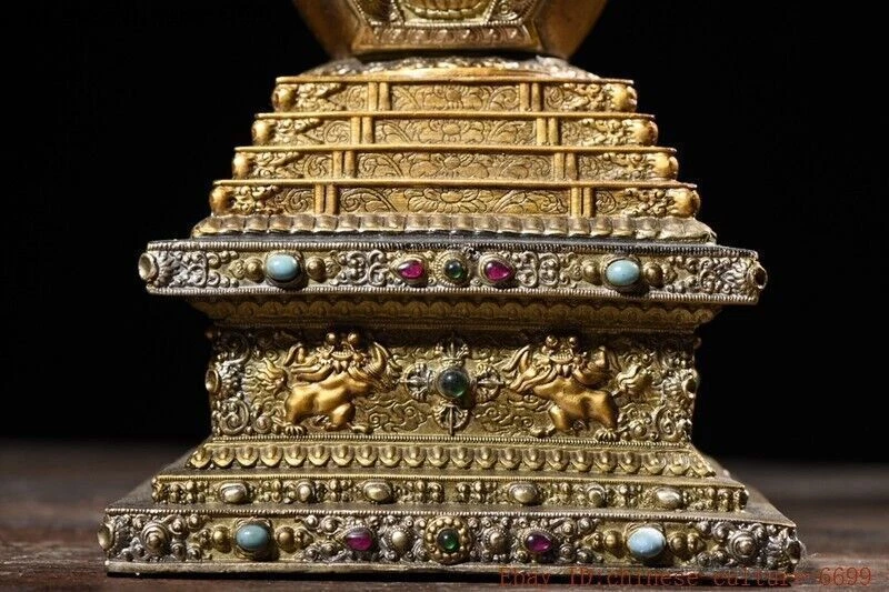 13英寸西藏青铜银色镀金镶嵌宝石释迦牟尼佛塔雕像 — 第 4/4 张图片
