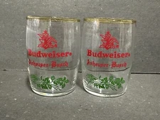 2 Vintage Anheuser-Busch Budweiser Beer Small Barrel Tasting Glasses gold 4 Oz