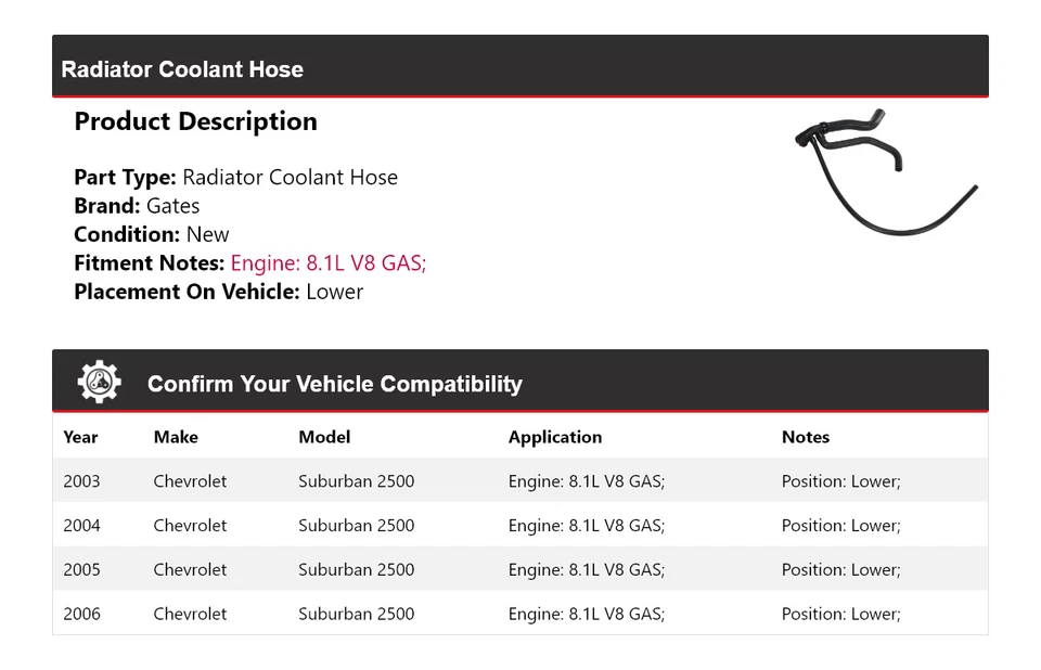 Manguera de refrigerante de radiador puertas inferiores 2004 para Chevrolet Suburban 2500 2003-2006 Foto 2 de 4