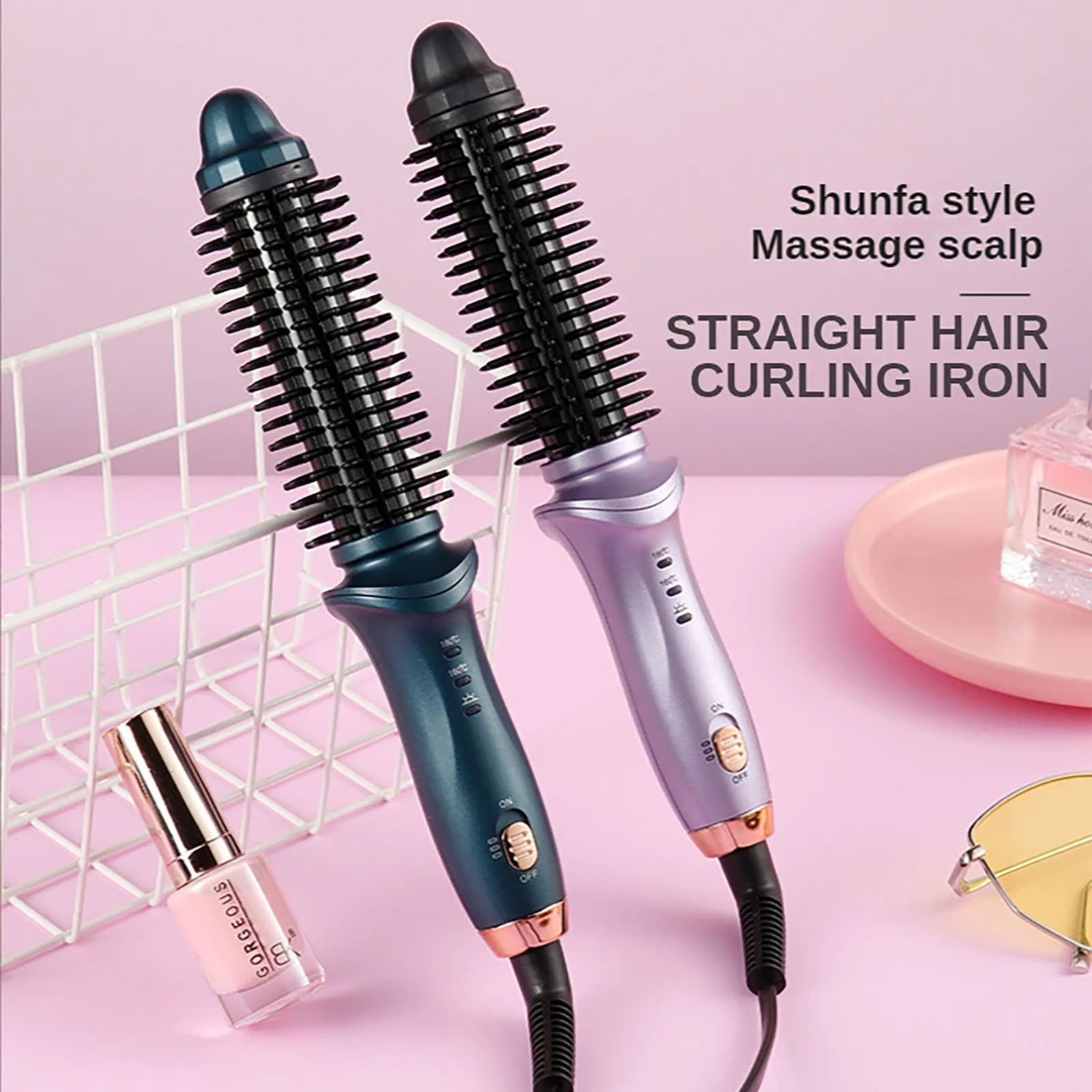 Professional 2Way Curling Iron Hair Brush 2in1 Curler Straightener
