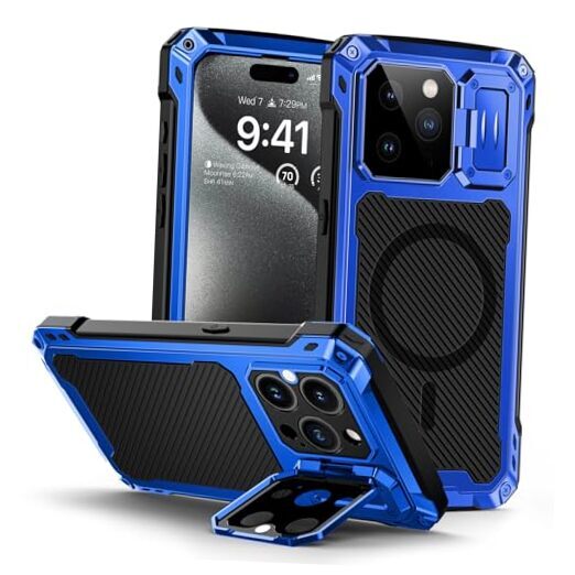 Lanhiem iPhone 15 Pro Max Metal Case, [Built-in for iPhone 15 Pro Max Blue