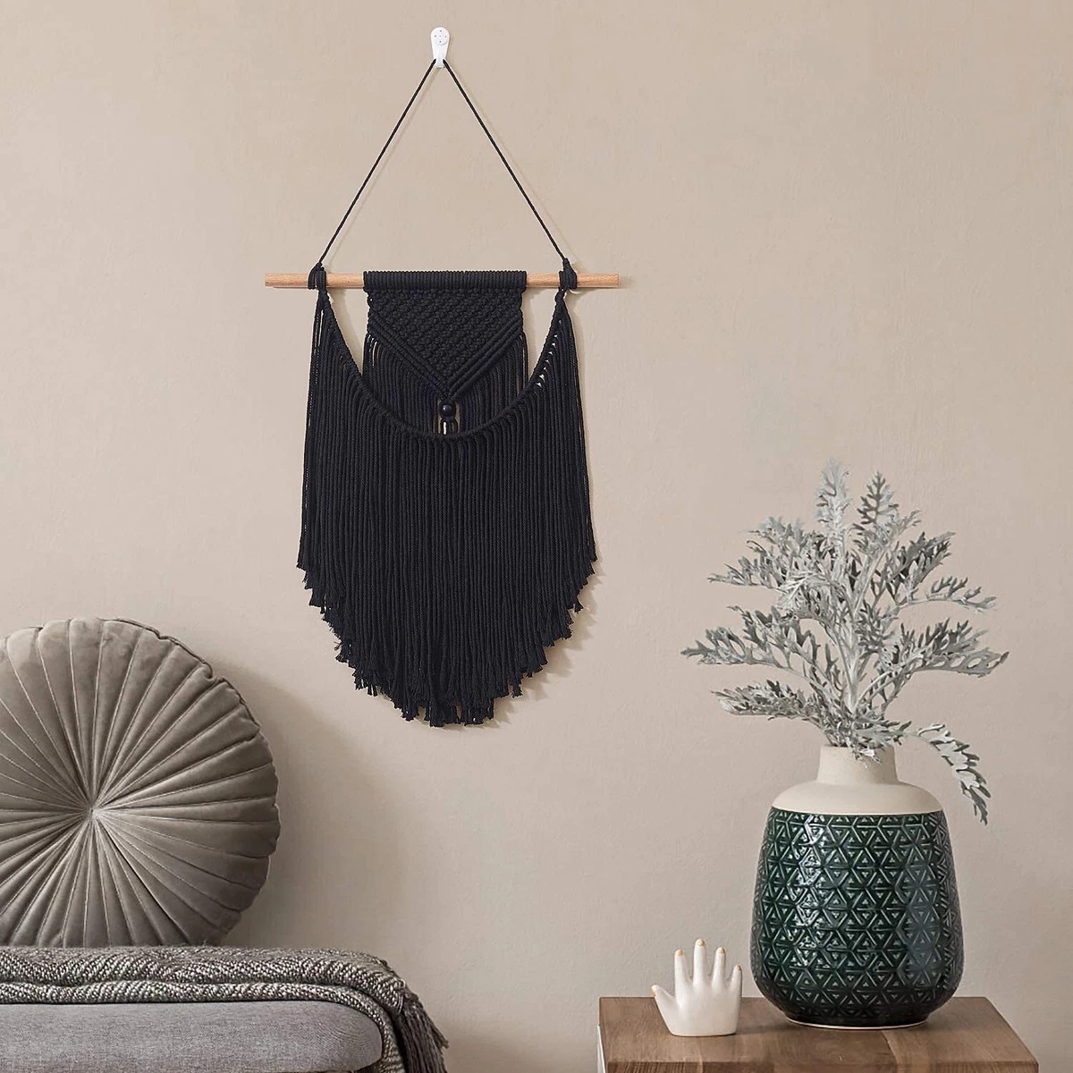 Black Macrame Wall Hanging Woven Boho Wall Decor Handmade 14W x 18.5L