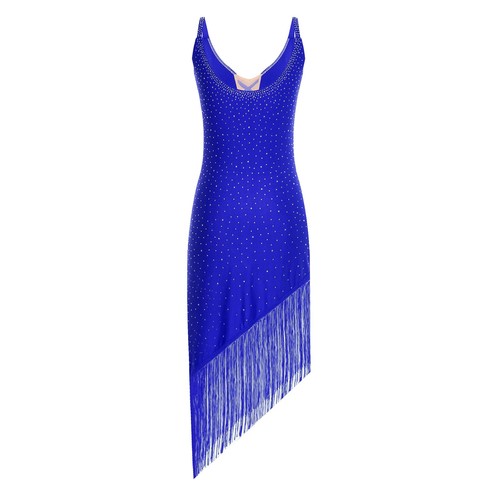 Womens Latin Dance Costume Glitter Tassel Sleeveless Dress Lace-up Irregular Hem - Picture 24 of 85