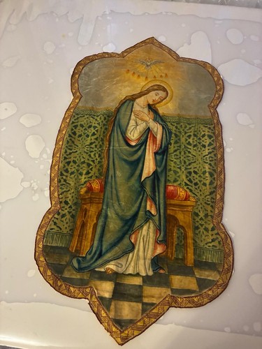 Antique French Hand Painted Saint Wall Hanging Banner 70x37cm