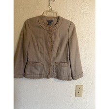 Ann Taylor Petites Tan Tweed Fringed Jacket 2P 3/4 Sleeve Professional Blazer