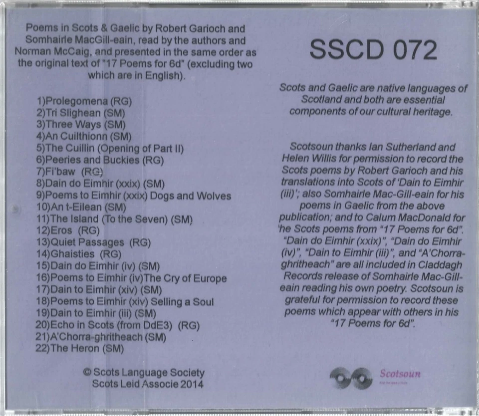 Poems in Scots & Gaelic - Robert Garioch & Somhairle MacGill-Eain CD SSCD 072 - Image 2 of 2