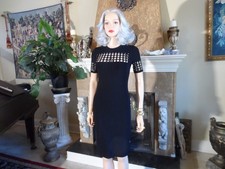 Versace Black Knit Sheath Dress w/Cutout Grid & Crystal/Stud Accents Size IT 38
