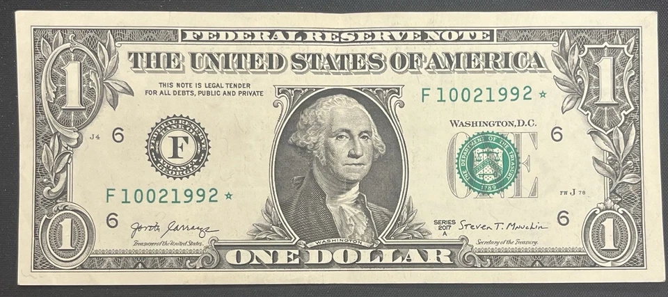 October 2 / February 10, 1992 (F10021992*) BIRTHDAY STAR Note $1 One Dollar Bill - Image 2 of 3