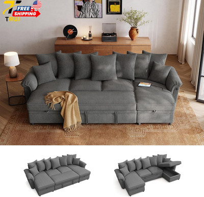 Oversized Sectional Sleeper Sofa with Pull Out Couch Bed Gray 118.5'' USB Chargi