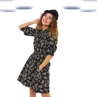 Ex Fat Face Women's Dress - 3/4th Sleeve Jersey Ditsy Floral Black
