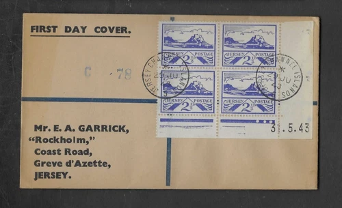 JERSEY 1943 REG'D FIRST DAY COVER 2 1/2d VIEWS CORNER BLOCKx4 'JERSEY' FDDS.