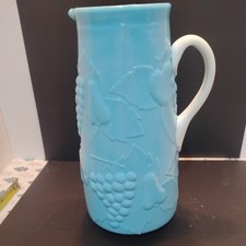 Blue & White Opaque  Milk Glass  PITCHER EMBO...