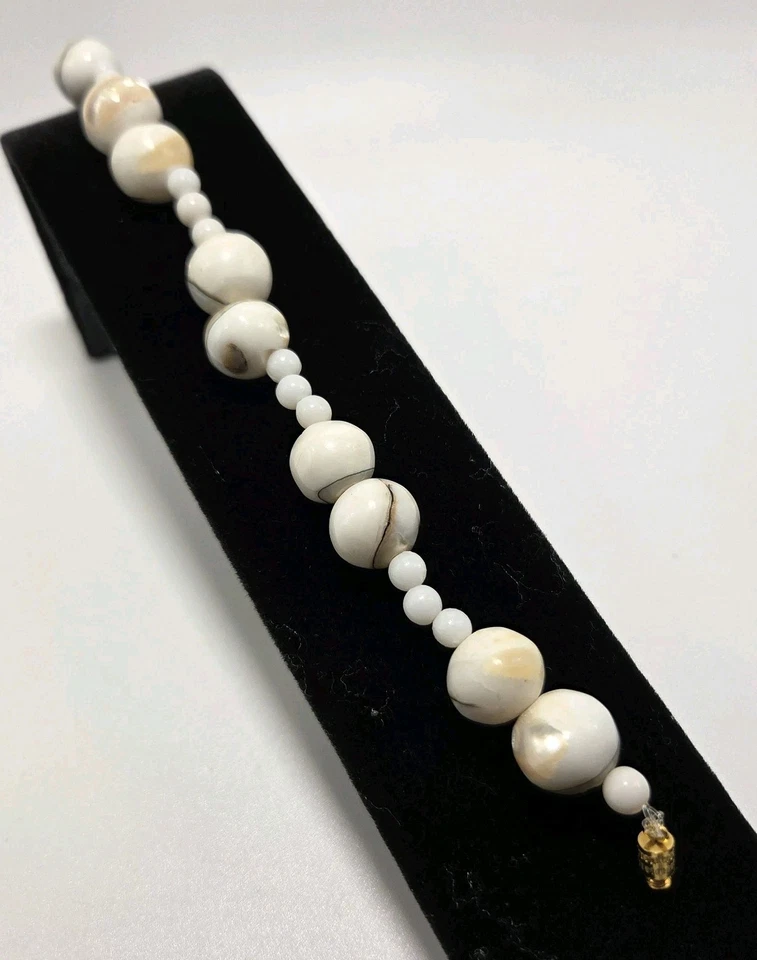 White Beige Black Banded Stone Bead Set 21" Necklace 8" Bracelet Boho Ethnic  - Image 4 of 4